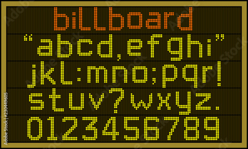 Billboard font - Retro LCD billboard with lower case alphabets, numerals and punctuation characters in round pixel font.
