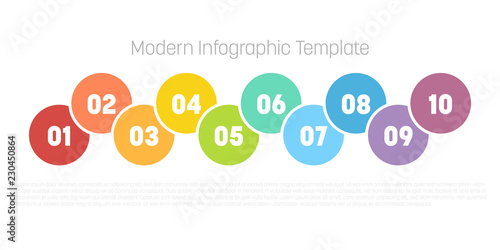 10 step process modern infographic diagram. Graph template of circles. Business concept of 10 steps or options. Modern design vector element in different colors with labels
