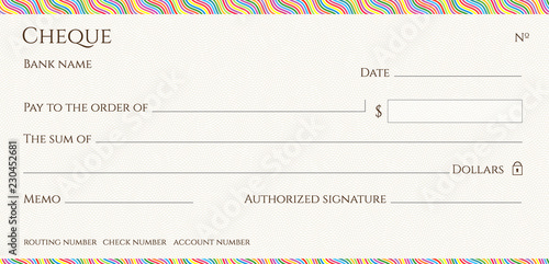 Check, Cheque (blank Chequebook template). Guilloche pattern with abstract colorful line border. Rainbow background for banknote, money design, currency, Voucher, Gift certificate, Money coupon