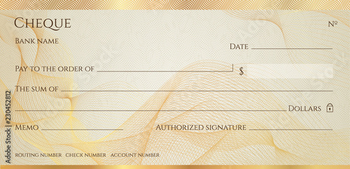 Check, Cheque (Chequebook template). Guilloche pattern with abstract line  watermark, border. Gold background for banknote, money design,currency, bank note, Voucher, Gift certificate, Money coupon
