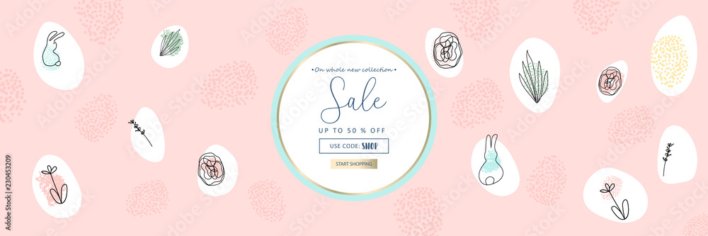 Trendy Header Design with different hand drawn shapes and textures. Cute social media backdrop for advertising, web design, posters, invitations, greeting cards, birthday or anniversary.
