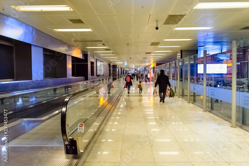 ISTANBUL, TURKEY - OCTOBER 22, 2018: Sabiha Gokcen Airport, corridor to the boarding gates of the international terminal