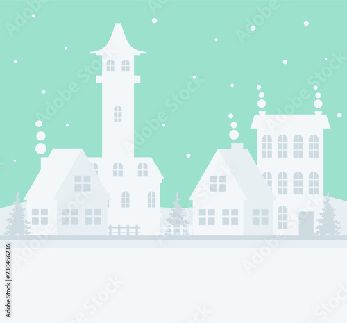 Merry Christmas and Happy New Year. A small winter city. Paper art in digital style. Vector illustration.