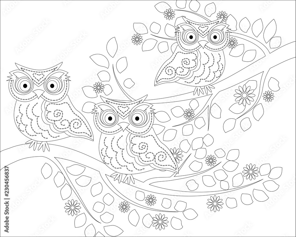 Fototapeta premium Coloring book for adult and older children. Coloring page with cute owl and floral frame. Outline drawing in zentangle style