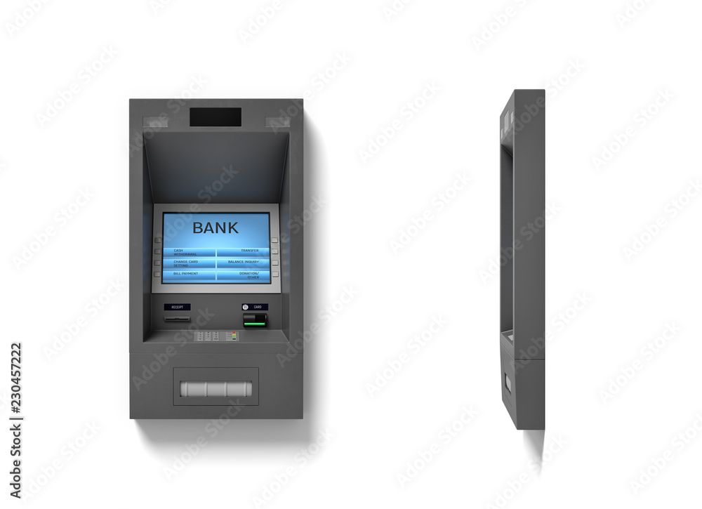3d rendering of a wall ATM bank machine with a blue screen isolated on white background. 3d rendering of a wall ATM bank machine with a blue screen isolated on white background.