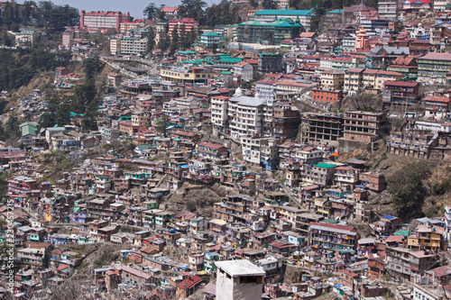 One of the densely populated Shimla hillsides in Northern India. The town, in the foothills of the Himalayas, was a summer retreat for the British colonial administration prior to Indian independence