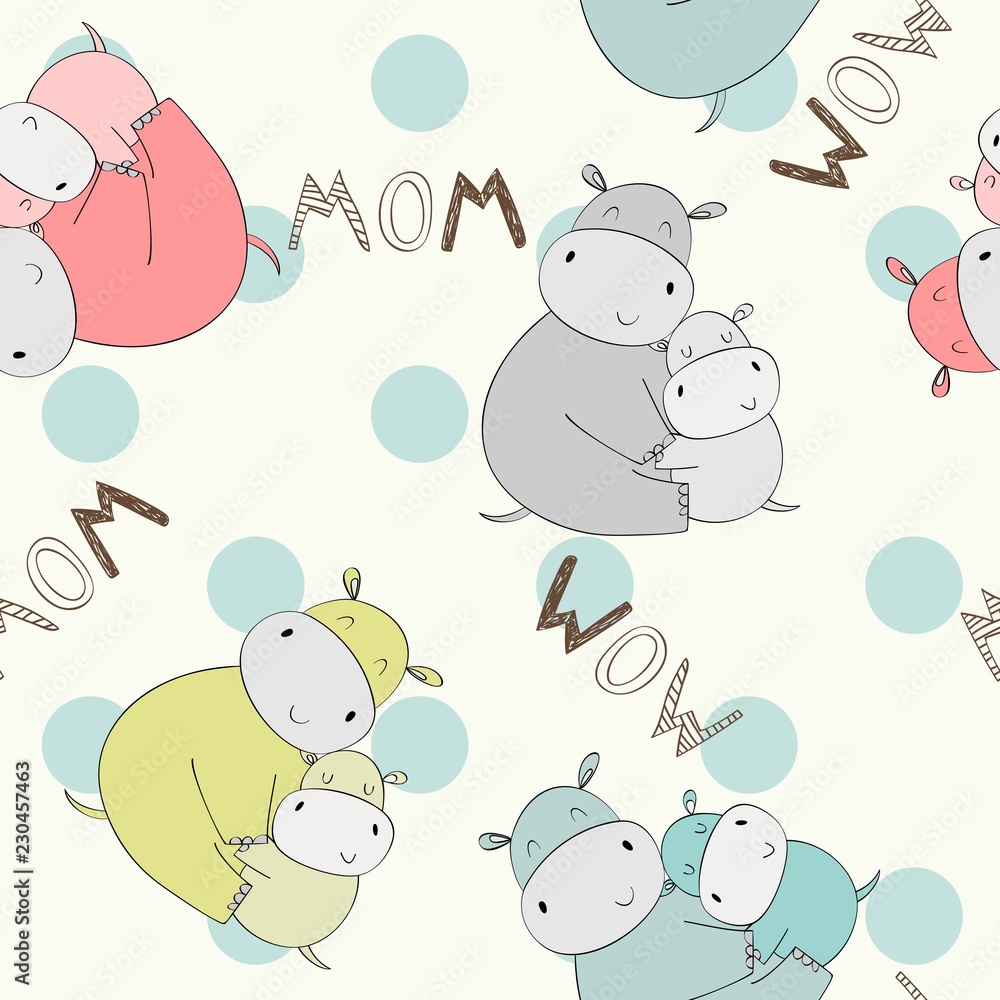 Seamless pattern. Vector hippo mom and baby
