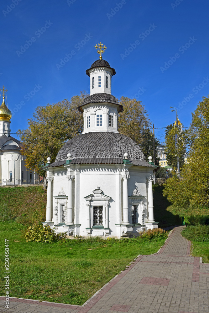 Chapel Pyatnitsky well - a holy spring near the walls of the Troitsko-Sergius Lavra was built in 1725. Russia, Sergiev Posad, September 2018.