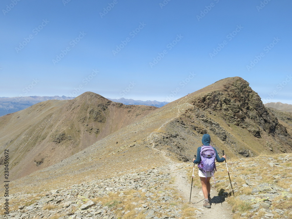 jeune et jolie femme en randonnée dans la montagne et steppe des pyrénées 