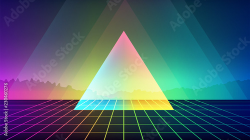 Retro Sci-Fi Background with mountains and triangle. Futuristic Vector illustration in 80s posters style.