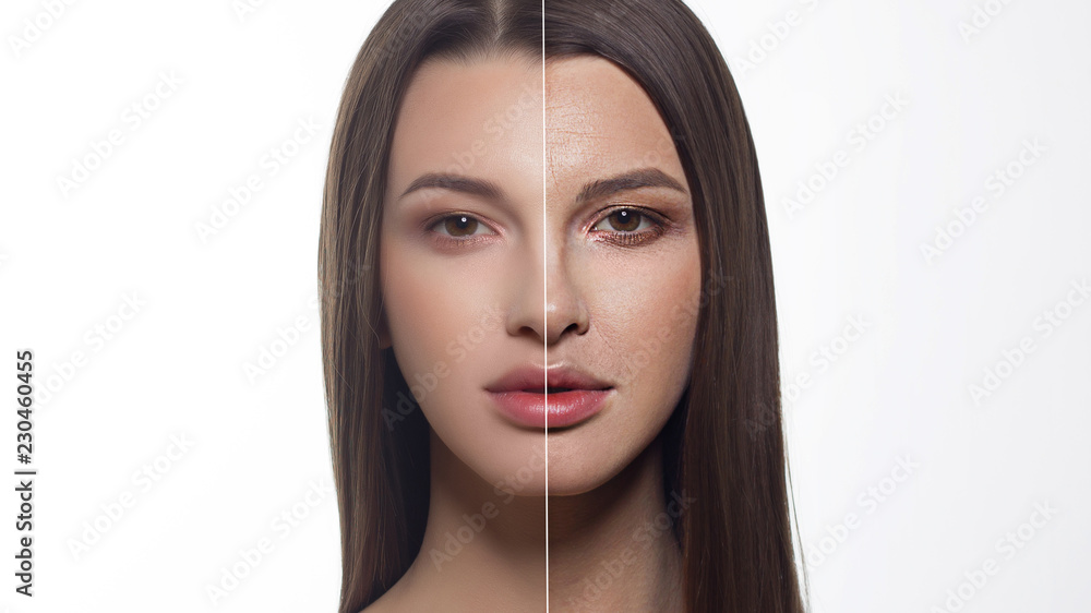 Naklejka premium Piękna brunetka przed i po. Pokazuje zmiany wieku, fałdy, zmarszczki kobiety. Prawa połowa twarzy w retuszu. Długie włosy i brązowe oczy. Spa, zastrzyki, kosmetologia, starzenie się, kosmetyki
