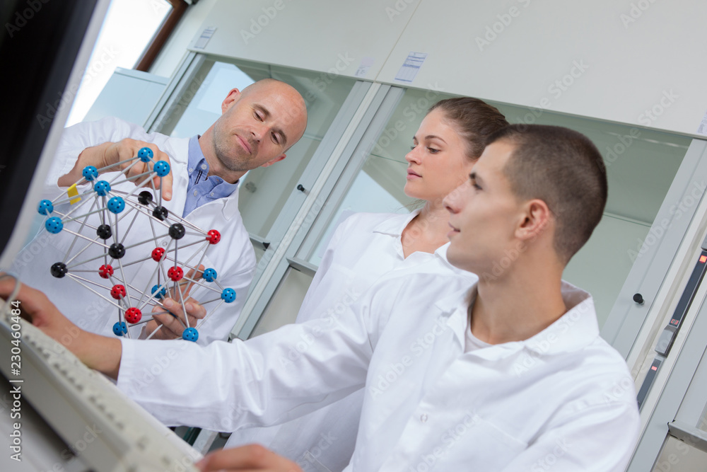 Obraz premium students with teacher holding molecular model