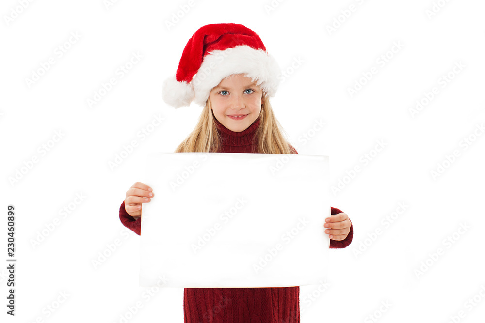 Little Christmas girl presenting. Isolated on white background Little Christmas girl presenting. Isolated on white background