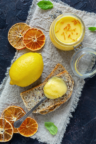 Lemon custard in a glass jar.