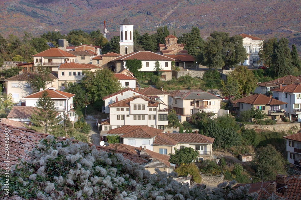 View of the historical city of Ohrid with many churches and tradtional architecture