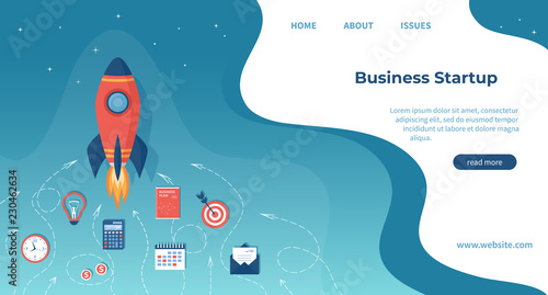 Business project startup, financial planning, idea development process, strategy, management, realization and success. For website and mobile website development. Landing page template. Rocket launch
