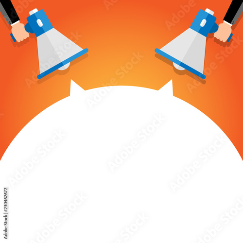 Male hand holding megaphone with empty speech bubble. Loudspeaker. Banner for business, marketing and advertising. Vector illustration.