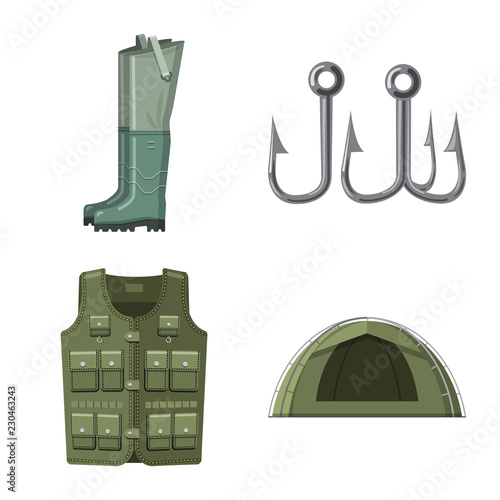 Vector illustration of fish and fishing logo. Set of fish and equipment stock symbol for web.