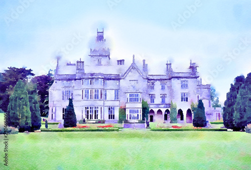 Watercolour painting of Adare Manor house in County Limerick, Ireland. The building is a calendar house, featuring 365 windows and 52 chimneys. photo