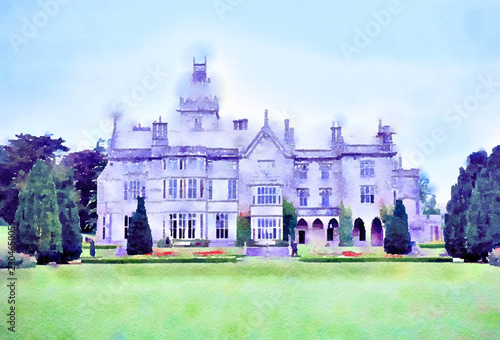 Watercolour painting of Adare Manor house in County Limerick, Ireland. The building is a calendar house, featuring 365 windows and 52 chimneys.