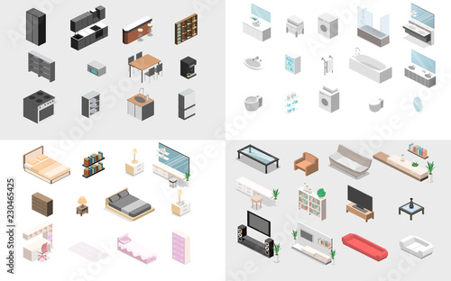 Furniture for apartment. Isometric flat 3D isolated concept vector cutaway