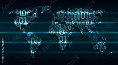 Abstract map world with continents from digital binary code on a dark green background with glowing transaction lines, concept of big data, global cloud service, digital technology, internet of things