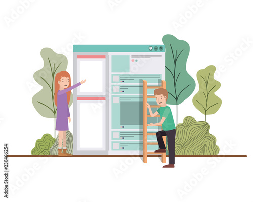 couple with social network profile in landscape