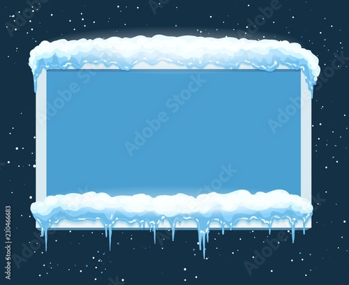 Ice frame. Board with icicles, winter school bulletin icicle freezed panel on snow blue vector background