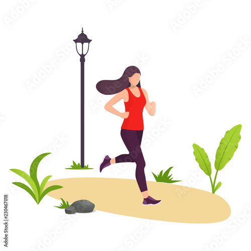 Young beautiful woman running in city park. Girl jogging. Park, plants and street lamp. Vector illustration in modern flat style for banner, website or animation.
