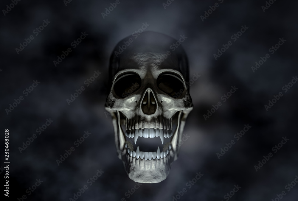 Fototapeta premium Halloween scarry vampire skull on the dark background with space for text 3d render.