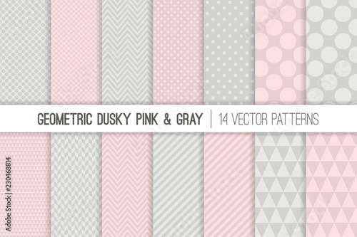 Geometric Vector Patterns in Dusky Pink and Gray. Girly Pastel Color Chevron, Polka Dots, Stripes, Triangles and Herringbone Prints. Repeating Pattern Tile Swatches Included.