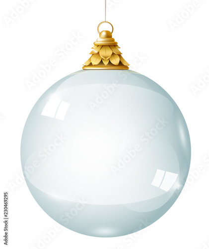 Transparent glass garland or crystal ball. Christmas bauble on the gold suspension. Vector graphics. New year decoration for Christmas tree