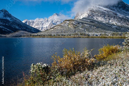 Mt Grinnell and Swiftwater Lake after a snow storm. Glacier National Park  Montana