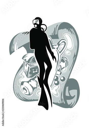 Scuba diving. diver and underwater treasures. vector image for illustration
