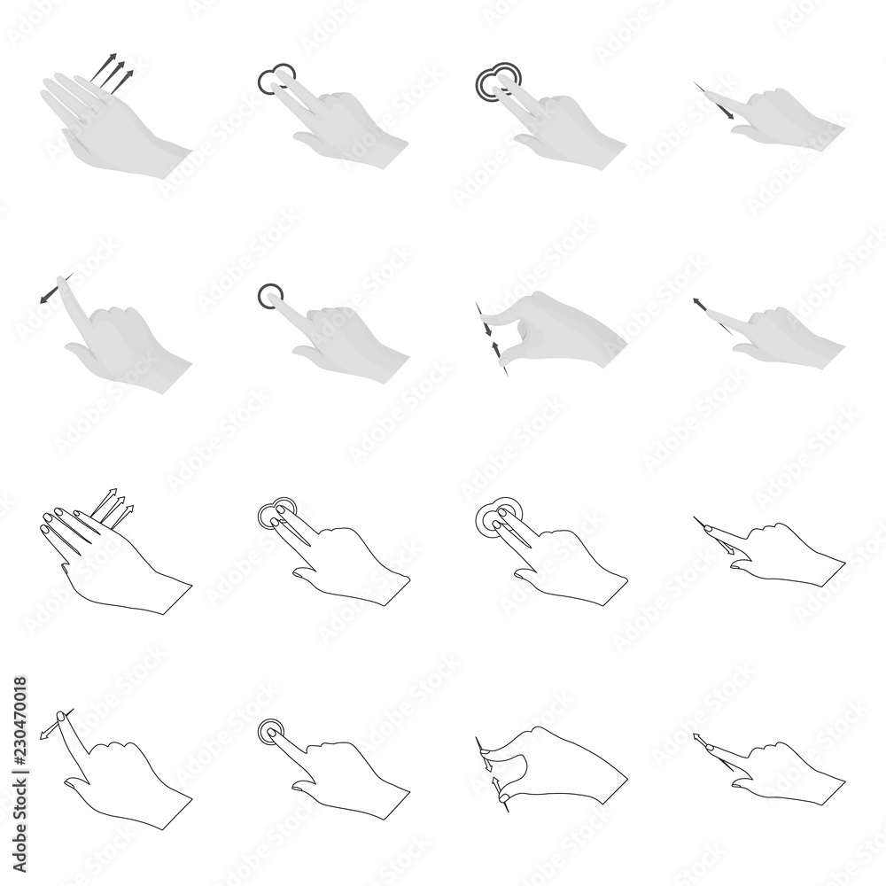 Vector illustration of touchscreen and hand icon. Set of touchscreen and touch stock symbol for web. Vector illustration of touchscreen and hand icon. Set of touchscreen and touch stock symbol for web.