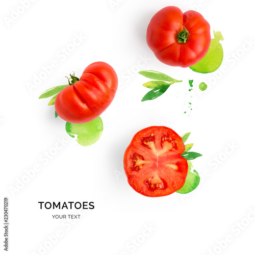 Creative layout made of tomatoes on the watercolor background. Flat lay. Food concept.