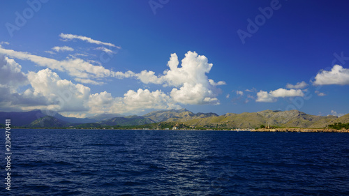 Panoramic view of Pollenca Bay, Port de Pollenca, northern Mallorca, Balearic Islands, Spain.