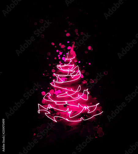 Abstrakter pink roter Weihnachtsbaum gebildet aus Aquarell Pinselstrich und Zeichnung einer Lichterkette als leuchtende Linie auf schwarzem Hintergrund zur Verwendung als Karte oder Dekoration