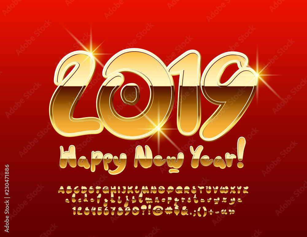 Vector chic Greeting Card Happy New Year 2019. Unusual Golden Font. Vector chic Greeting Card Happy New Year 2019. Unusual Golden Font.