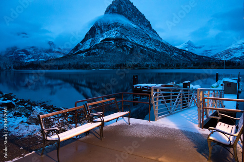 Swiftcurrent Lake, after a snow storm, predawn, Mt Grinnell, Glacier National Park, Montana photo