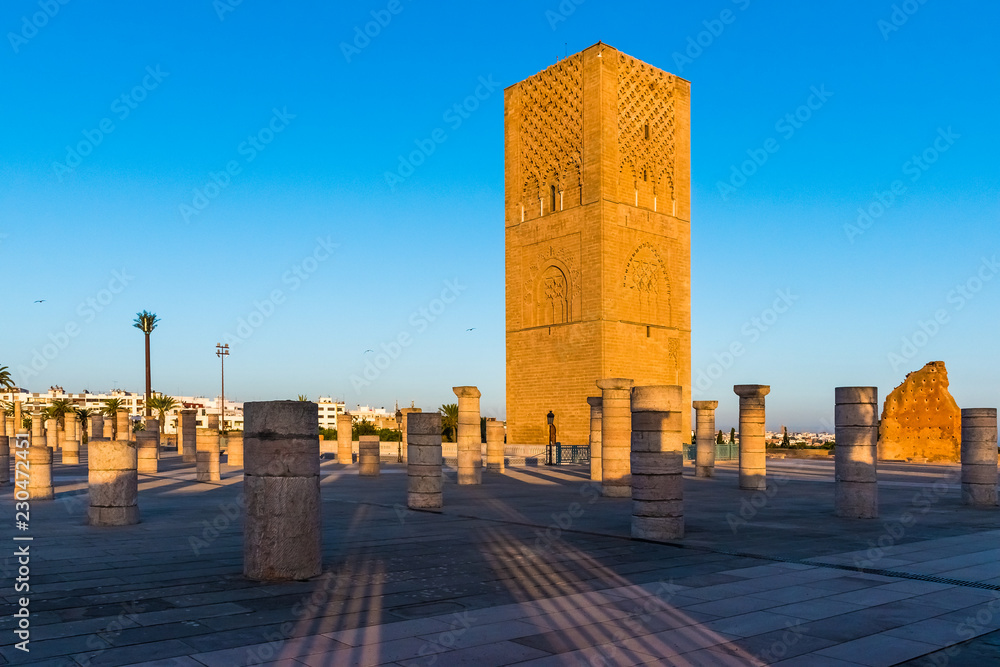 Tousand years old Tower of Hassan of the capital Rabat city in Unesco, Morocco in Africa