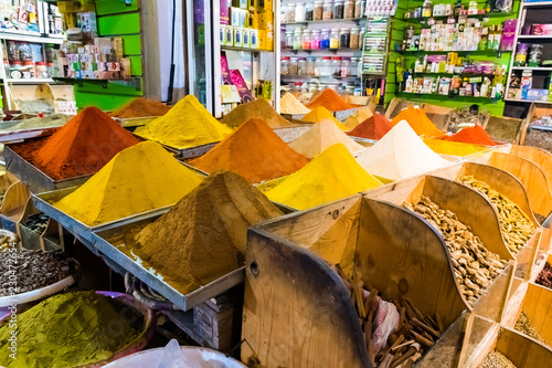 Spices market in main bazzar in the medina of Capital city Rabat in Morocco
