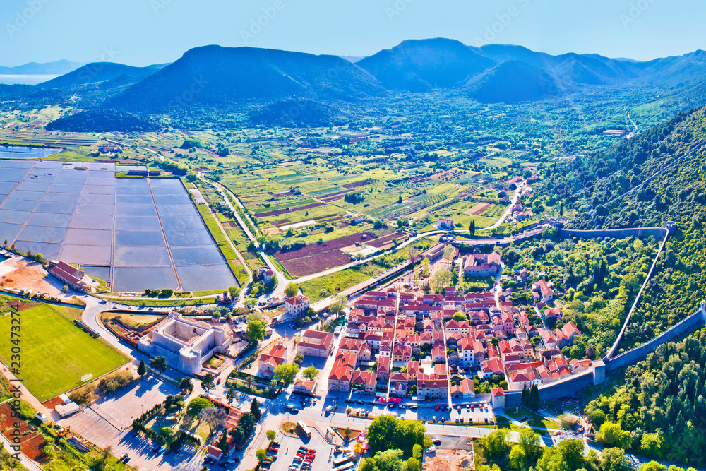 Panoramic aerial view of Ston historic walls and Peljesac peninsula