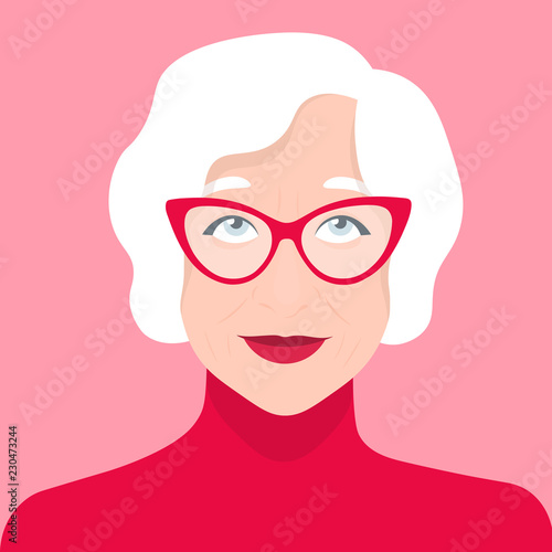 The face of an old woman. Dreaming pensioner. Emotions. Portrait . Vector flat illustration
