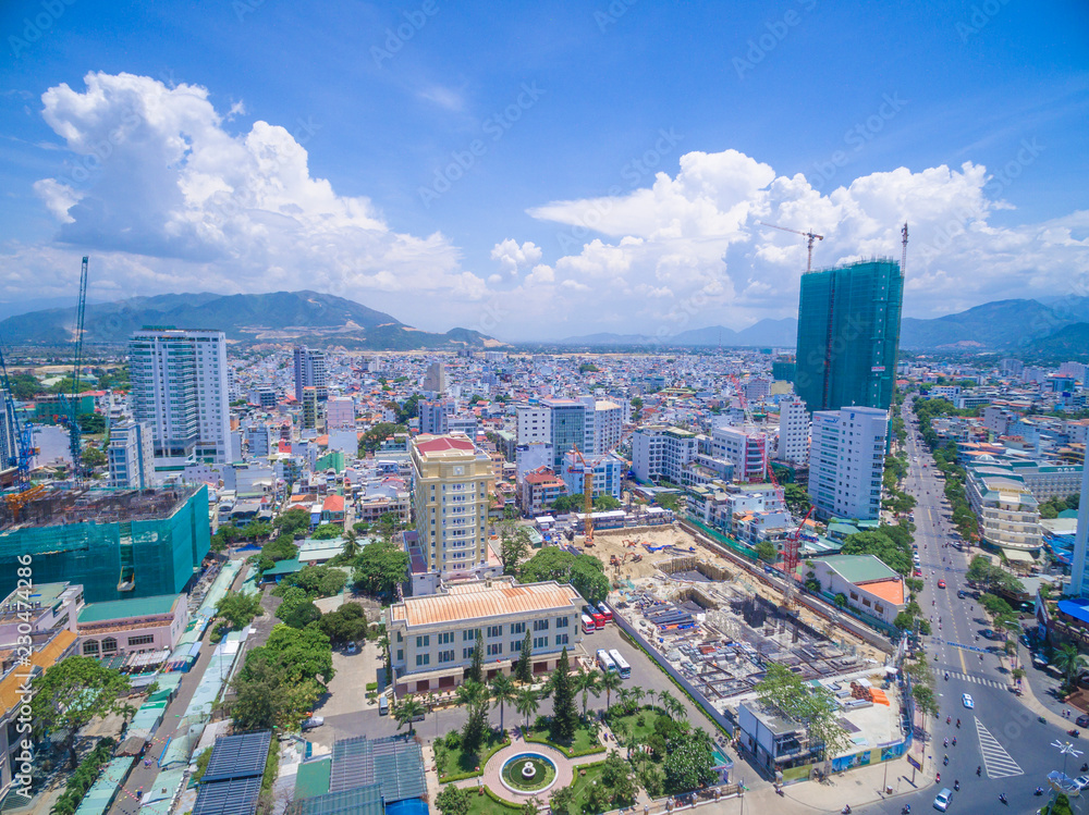 Naklejka premium Nha Trang beach city with many high rise buildings, high view (VietNam)