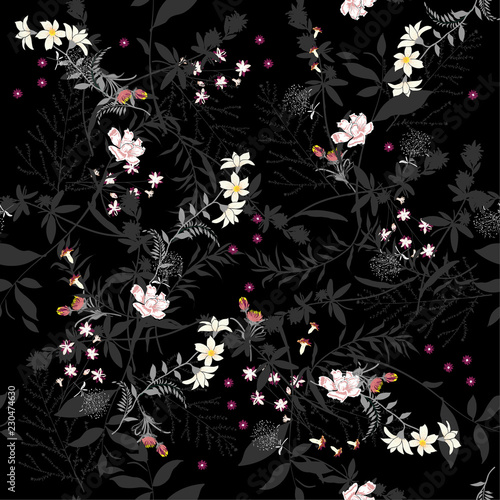  Dark Seamless pattern with leaves and botanical flowers. frorest motifs. Perfect for wallpapers, wrapping papers, textile, pattern fills, gift paper, summer greeting cards. photo