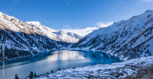 mountain lake in winter, Big Almaty Lake, Kazakhstan