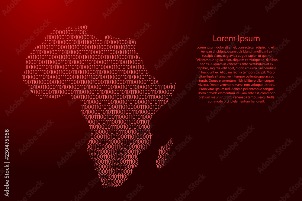 Africa map abstract schematic from red ones and zeros binary digital code for banner, poster, greeting card. Vector illustration.