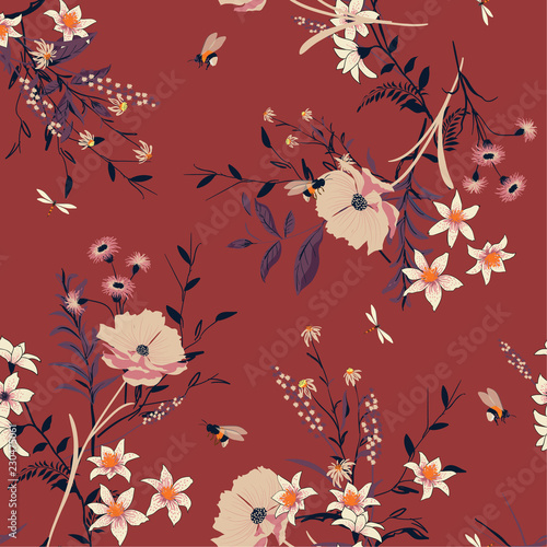 Trendy vintage vector Floral pattern in the many kind of flowers. Botanical Motifs scattered random. Seamless vector texture. For fashion prints.