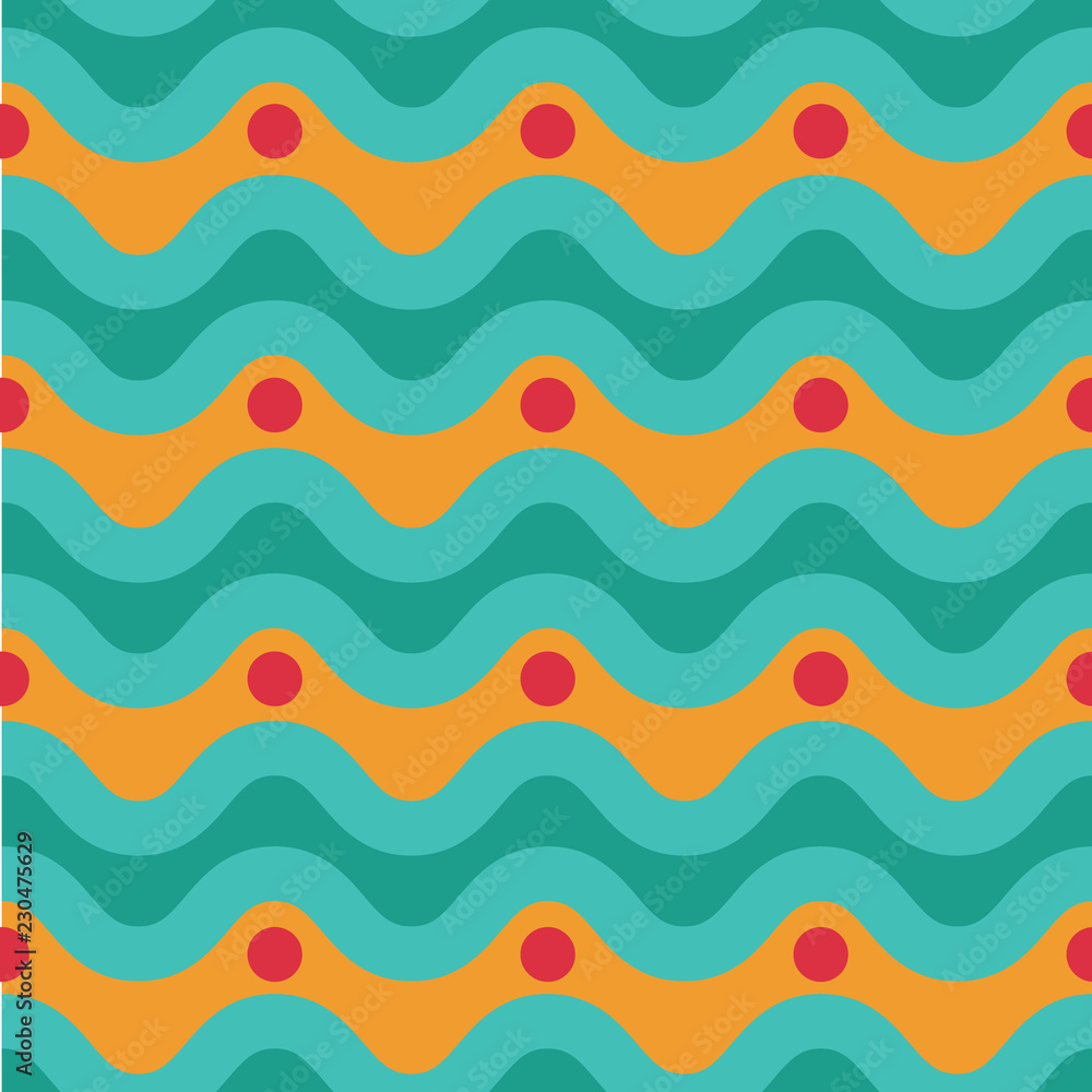 Colorful 1970's pop art seamless stylized wave pattern in red, orange ...